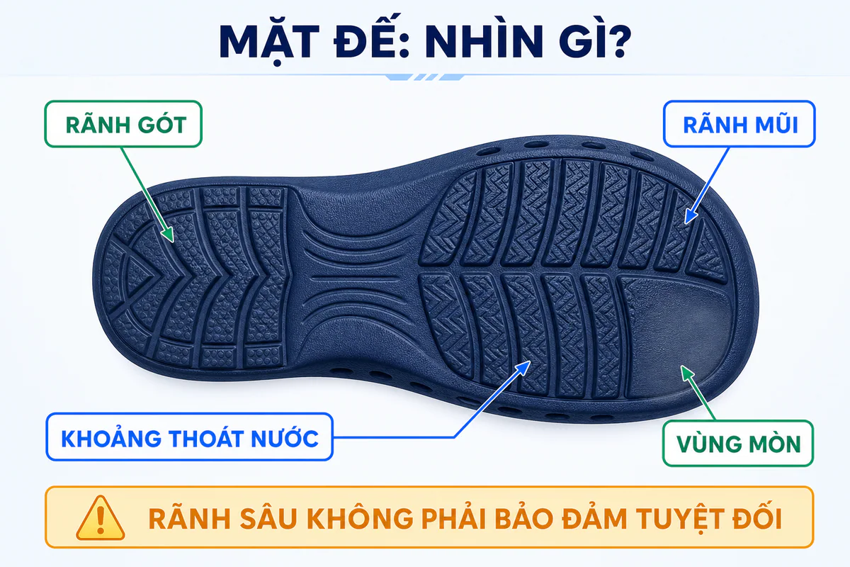Mặt đế dép EVA với các vùng rãnh gót, rãnh mũi, khoảng thoát nước và vùng mòn cần kiểm tra